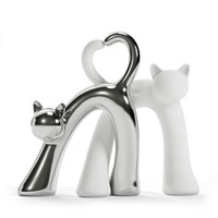 Objeto Decorativo de Cerámica Artística Contemporánea Hecho a Mano con Patrón de Animales, Tema de Gatos, 25 cm, Plateado y Blanco, para Mesa, Día de San Valentín
