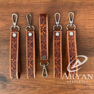 <b>Tooled</b> Leather Key <b>Clip</b> Western Leather Keychain Wristlet Personalized Key Fob Cowgirl Car Key Wristlet Key Strap Wrist Keychain - Product Image 1