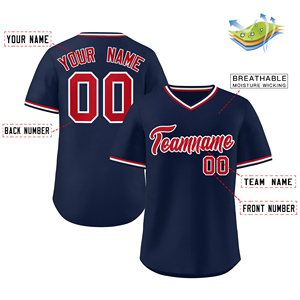 Maillot de baseball bleu marine pour hommes, nom et numéro d'équipe personnalisés, bordure rouge, col en V, manches courtes, polyester respirant, uniforme de sport - Product Image 2