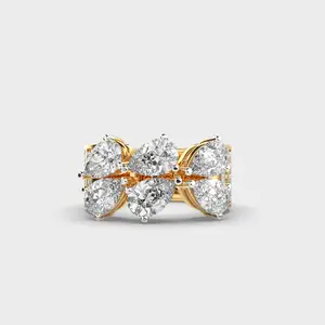 Anillo de compromiso de diamante elegante de banda ancha en forma de pera, anillo de compromiso de diamante cultivado en laboratorio, banda de boda de oro sólido de 14K para esposa