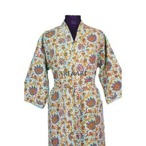 Hand-Stitched Elegant White 100% Cotton Kimono Bath Robe Multi Kantha Quilted Cut Work <b>Cardigan</b> for Summer Spring Home Nightwear - Product Image 3
