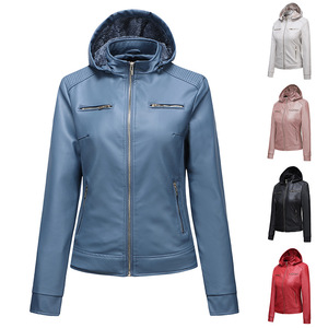 Chaquetas de cuero Pu con bolsillos personalizados para motocicleta a prueba de viento de alta calidad, chaqueta con cremallera para mujer, chaquetas de cuero con capucha para mujer - Product Image 1