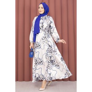 Beige-Indigo Satin Hijab Dress <b>Chain</b> Pattern <b>Belt</b> Basic Modest Elegant Style Straight Silhouette Floral Solid Pattern for Summer - Product Image 4