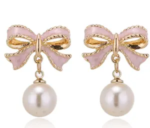 Wholesale Hypoallergenic Velvet Tie Stud Ribbon Pearl Diamond Bow Dangle Shape Drop 18K Gold Plated Bow Earrings For Women