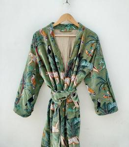 Green Jungle Print Cotton Velvet Kimono Robe Morning Tea Velvet Coat Women's Casual Bridesmaid Dress Evening Velvet Jacket - Product Image 2