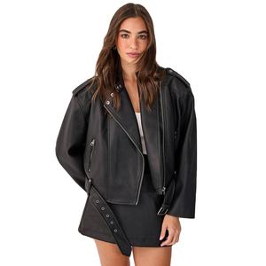 Nouvelle veste en cuir de moto pour femmes, noire, avec fermeture éclair, grande taille, manteau d'automne pour femmes, vente en gros - Product Image 1