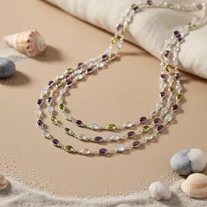 925 Sterling Silver Rose Gold Plated <b>Fashion</b> Layered Geometric <b>Necklace</b> with Multi-Gemstones and Claw Setting for Women's Gift - Product Image 3