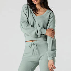 Sweat-shirt en molleton délavé à col en V et manches longues pour femme, 100 % coton, style vintage automne/hiver, vente en gros OEM - Product Image 1