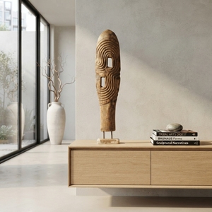 Sculpture ovale Lumintu Baygon en bois de teck sculpté à la main, style moderne, avec double anneau, base de statue, unités décoratives d'appoint pour mariage - Product Image 4