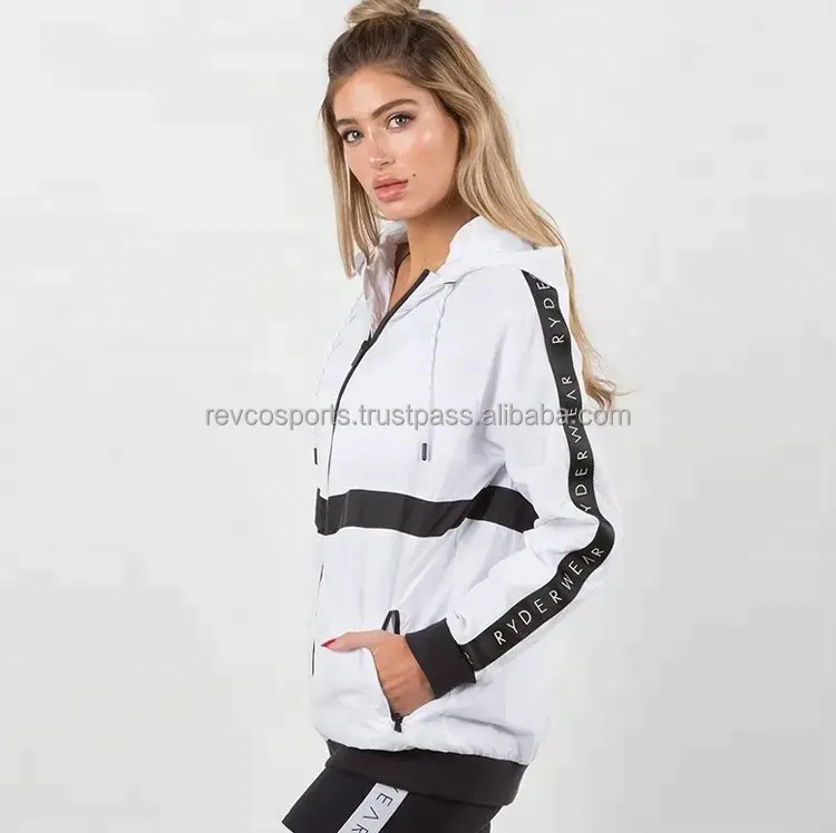 Chaqueta bomber de entrenamiento de gimnasio para mujer, Sudadera con capucha de gran tamaño con doble cremallera, sudaderas con capucha blancas con letras negras