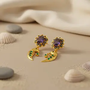 Araña y Pendientes de Plumas con Baño de Oro y Esmeraldas y Amatistas, Joyería de Diamantes de Lujo para Bodas y Fiestas - Product Image 1
