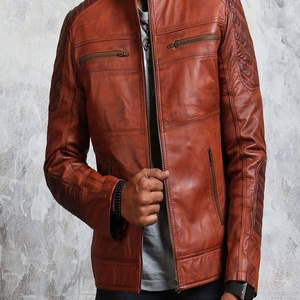 แจ็คเก็ตหนังแกะแท้สำหรับนักขี่จักรยานสีน้ำตาลสำหรับผู้ชายปรับแต่งได้กระเป๋าซิปด้านหน้า - Product Image 1