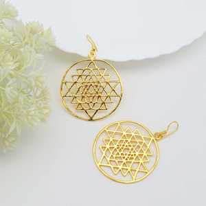 Fashionable Brass Shri Yantra <b>Dangle</b> <b>earring</b> 18k <b>Gold</b> Plated Geometric Drop <b>Earring</b> Statement Mandala Sacred Handmade Wholesale - Product Image 5
