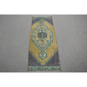 1.8x4.9 ft Turkish Vintage Rug, Small Rug, <b>Yellow</b> Blue Floral <b>Wool</b> Rug - Product Image 1