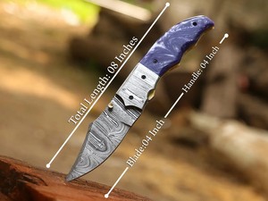 Couteau utilitaire à lame pliante en acier de Damas de qualité industrielle, manche en résine, étui de transport vertical, poche EDC, chasse, camping - Product Image 3