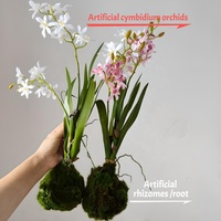 Empat musim terlihat nyata cymbidium anggrek merah marun buatan dengan daun dan GNOME untuk tengah tanaman meja