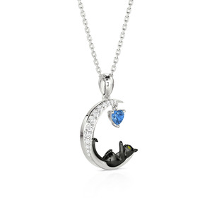 Collier personnalisé Jeulia Moon Huggers avec pierre de naissance et chat - Chaîne en acier inoxydable plaqué rhodium et or avec cœur en diamant - Product Image 2