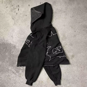 Logo personnalisé délavé à l'acide vintage coton vieilli brodé Patchwork recadrée pull sans ficelles hommes couper et coudre des sweats à capuche - Product Image 5