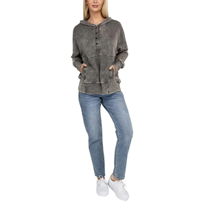 Sudadera con Capucha para Mujer, Mezcla de Algodón, Color Sólido, Manga Larga, Estilo Casual, con Bolsillos, Acabado Lavado, Estilo Otoñal - Product Image 1