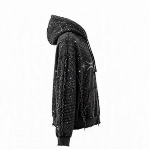 <b>Men's</b> Black Rhinestone <b>Hooded</b> <b>Denim</b> <b>Jacket</b> Oversized Hip Hop Style Regular Sleeve Glitter Print Autumn Wear - Product Image 2