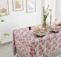 Nappe en coton imprimé bloc floral rose vert couverture de table indienne ensemble de linge de table fait main décor de table de mariage