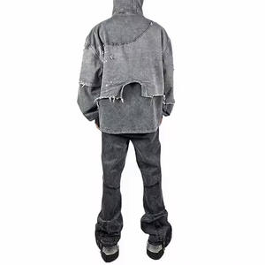 Venta al por mayor ropa de calle personalizada rasgada hombres piedra lavado con ácido de alta calidad de doble capa dobladillo crudo desgastado Sudadera con capucha para hombres - Product Image 4