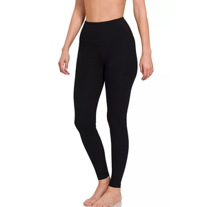 Leggings longs pour femmes sur mesure en gros, spandex/polyester, pantalon extensible, yoga, gym, noir uni, antibactérien, taille haute - Product Image 3