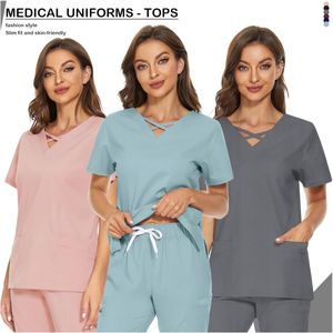 Conjuntos de uniformes médicos cuello alto manga corta cómodos uniformes de enfermería tejidos para mujeres con múltiples bolsillos de alta calidad - Product Image 5