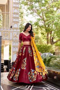 La plupart des tendances Tussar Silk avec impression et travail en feuille Lehenga Choli Fabricant et fournisseur de Surat à bas prix - Product Image 3