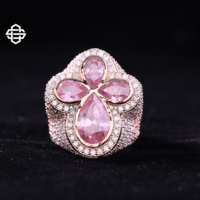 Bague Cocktail Unisexe de Luxe en Argent Sterling Plaqué Or 14K avec Diamant Taille Poire Hiphop et Forme Fleur pour Femme