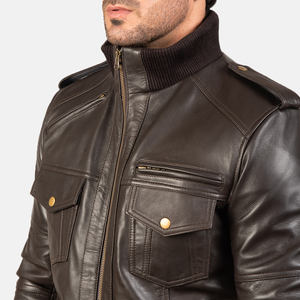 Veste en cuir véritable et toile élégante pour homme, col montant, haute qualité, manches longues, manteau d'hiver, logo sur le devant, antibactérien - Product Image 5