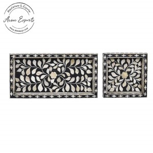 Juego de 2 bandejas de incrustaciones florales hechas a mano Diseño elegante de mármol blanco y negro Perfecto para servir o exhibir artículos - Product Image 1