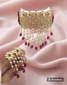 Fabricante indio nupcial chapado en oro Kundan gargantilla collar conjunto para niñas mujeres ropa de fiesta - Product Image 1