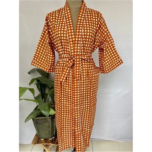Robe d'été bohème imprimée à la main, motif géométrique marron chocolat, kimono en coton Reiner, cache-maillot indien d'été - Product Image 1