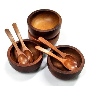 Tazón de servicio hecho a mano de madera 100% pura, conjunto de cuchara y cuencos de madera de primera calidad con forma redonda - Product Image 5