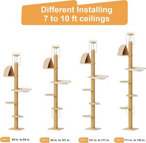 Arbre à chat écologique pour sol et plafond, tour d'escalade à 6 niveaux réglables en hauteur (1,8-3 m) avec poteaux à gratter en bois épaissi - Product Image 6