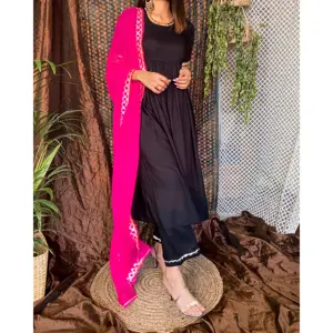 Ensemble Kurta Palazzo en Rayonne Noire Premium pour Femmes, Inspiré du Style Bollywood, Tenue de Soirée et de Mariage, Élégante Tenue de Mode pour l'Aïd - Product Image 3