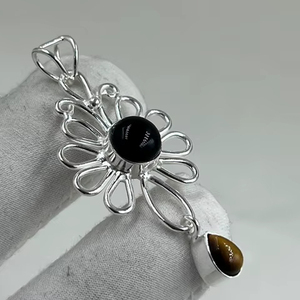 Wholesale 925 Sterling Silver Flower Openwork Black Onyx & <b>Tiger</b> <b>Eye</b> Pendant Designer Wirework Silver <b>Jewelry</b> Fine <b>Jewelry</b> - Product Image 1