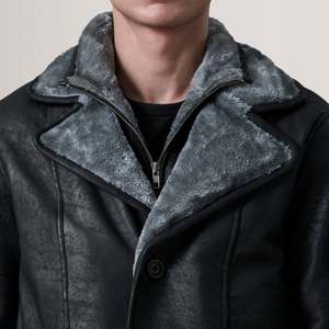 Vintage <b>Men's</b> Distressed Black <b>Shearling</b> Leather Coat Long Overcoat Hooded Collar Button Decoration Soft Wool Filled Autumn - Product Image 5