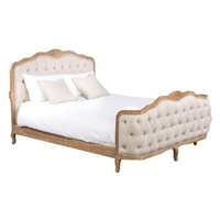 Lit King Size classique France avec tête de lit rembourrée en tissu crème-meubles en bois anciens Fabrication artisanale de Jepara