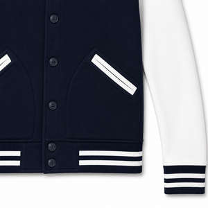 Men's Navy White Varsity Jacket Casual Style Regular Fit <b>Covered</b> <b>Button</b> Closure Stand Collar Knitted Polyester Quick Dry Winter - Product Image 2
