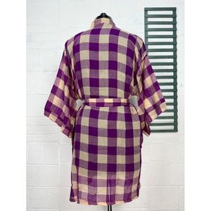 Vintage Boho Summer Open Jacket Recycled Pure Cotton Tie-Dye Woven Style Print Beige Purple Check for <b>Beach</b> Coverup House <b>Robe</b> - Product Image 5