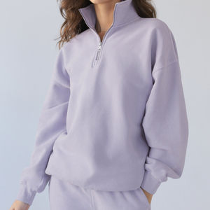 Sweat-shirt surdimensionné à demi-fermeture éclair pour femmes de haute qualité avec pull à col montant Logo avant de couleur contrastée pour le printemps à bas prix - Product Image 4