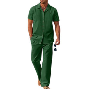 Wholesale <b>Bright</b> Green <b>Men's</b> Formal 2-Piece Fleece Breathable Summer Outfit Button <b>Shirt</b> Loose Pant Set Button Closure - Product Image 5