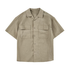 Chemises à col cubain en coton pour hommes Chemises à col cubain pour hommes style estival avec patchs personnalisés de qualité supérieure avec poches - Product Image 3