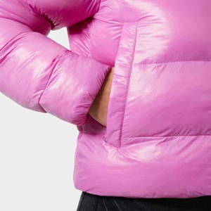 Custom Women's Cropped Puffer Coat Pink Glossy High <b>Neck</b> <b>Padded</b> Outerwear Wholesale Oem Manufacturer Shiny Quilted Bubble Top - Product Image 5