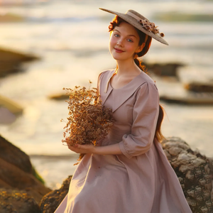 Ánh sáng màu hồng thanh lịch <span class=keywords><strong>Midi</strong></span> Dress với notched cổ áo và phồng tay áo 100% cotton dệt vòng eo tự nhiên cho các sự kiện buổi tối - Product Image 2