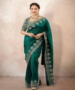 DISEÑADOR CHINON SILK PIPING FRONTERA TRABAJO SAREE CON BLUSA SIN COSTAR DESPIECE FESTIVA PRECIO AL POR MAYOR ROPA ÉTNICA VERDE - Product Image 1