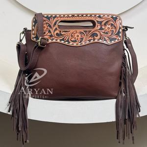 Bolso bandolera de cuero genuino con flecos hechos a mano a precios al por mayor de fabricante para bolsos de mano con asa superior de piel de vaca para mujer - Product Image 1