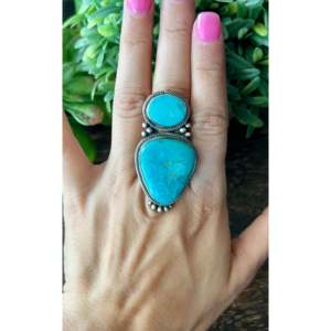 Tim Smith Kingman Turquoise & Sterling <b>Silver</b> <b>Statement</b> <b>Ring</b> Bezel Set with Natural Stone and Pearl Size 8 Everyday Wear - Product Image 2